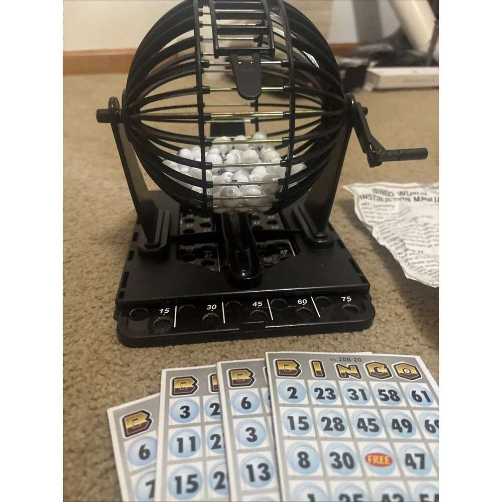 Black Metal Bingo Ball Roller Tumbler Hopper w 1/2-inch Numbered Balls 5x4” Cage